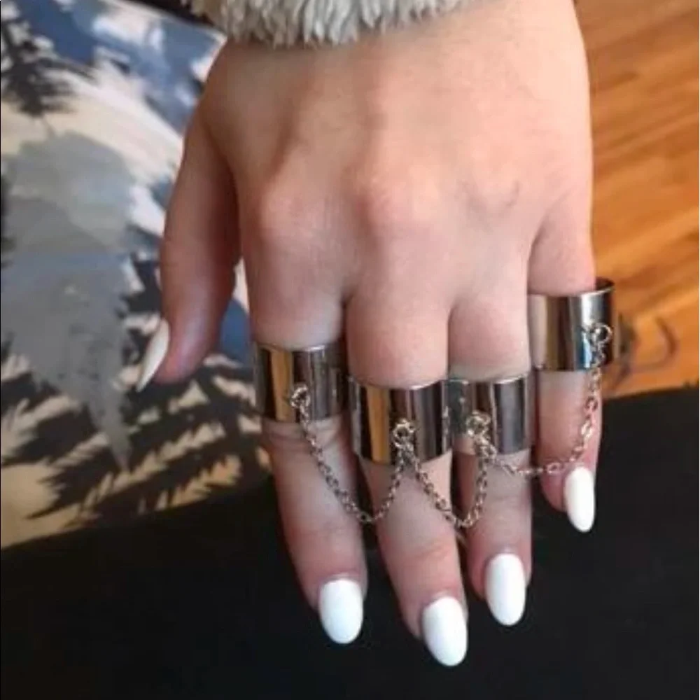 New Silver Stainless Steel Boheme Minimalist 4pcs Cuff Ring With Chain